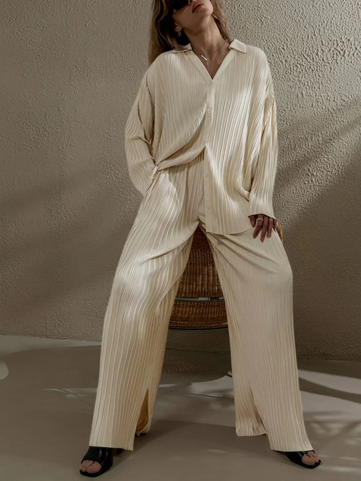 Natalia® | Oversized Leisure Pleat Pockets Two Piece Pants Set