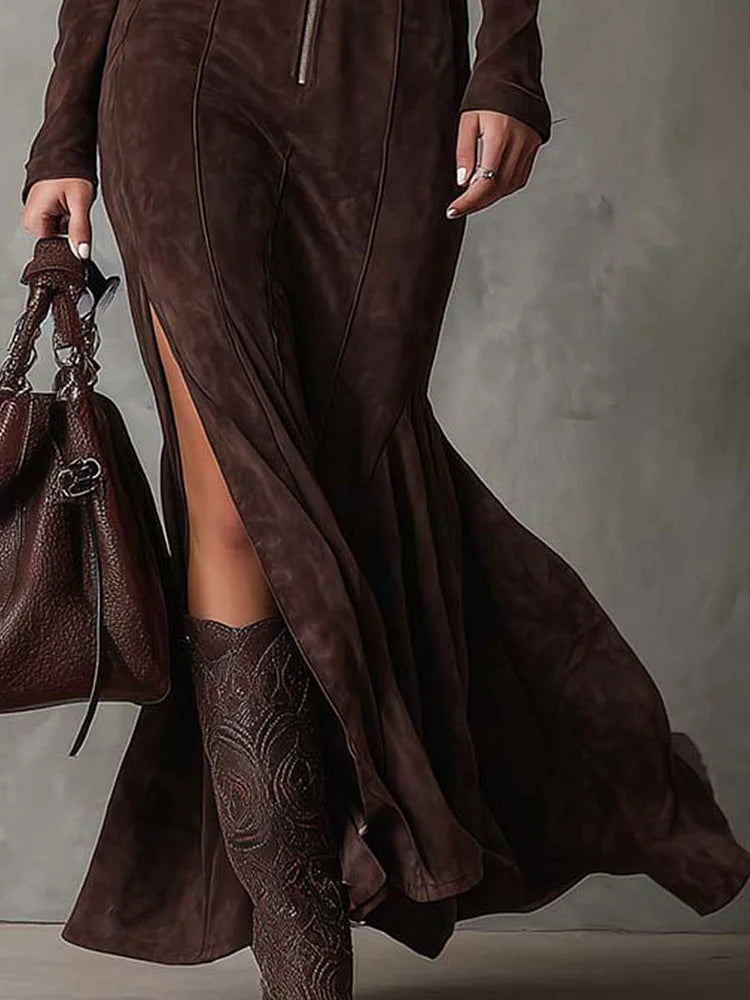 Cataina™ | Vintage Brown Long Dress with Belt