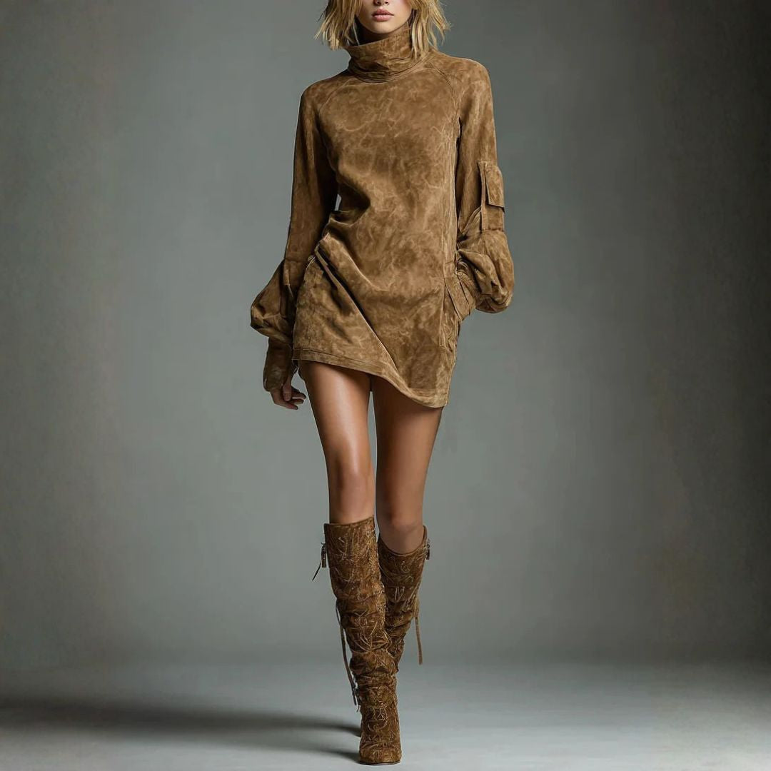 Olivia&Grace™ | Loose Suede Mini Dress with High Collar