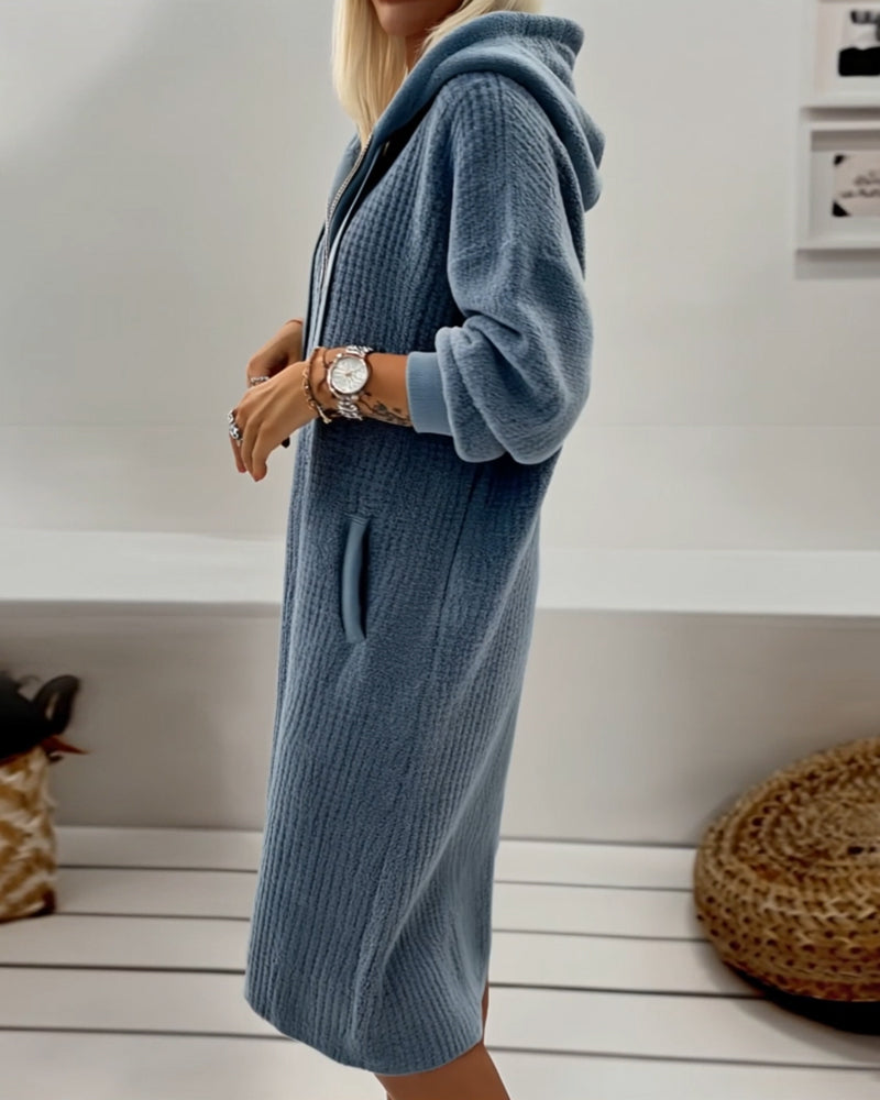 Olivia&Grace | Casual Hooded Honeycomb Knit Fleece Dress