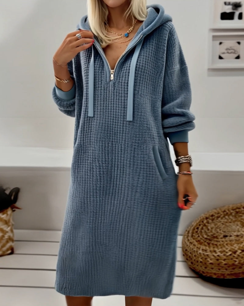 Olivia&Grace | Casual Hooded Honeycomb Knit Fleece Dress